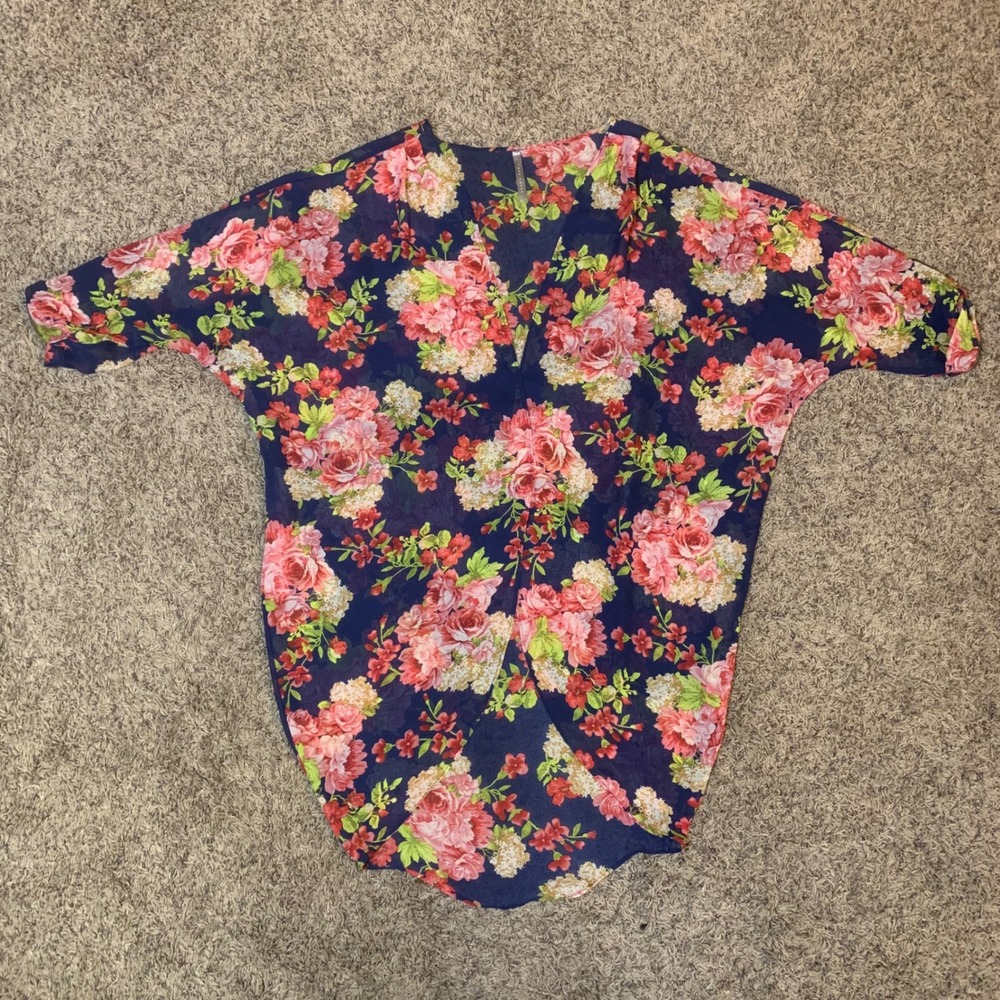 Red Lolly Navy Floral Print Kimono Cardigan Lightweight Dolman Sleeve Size M